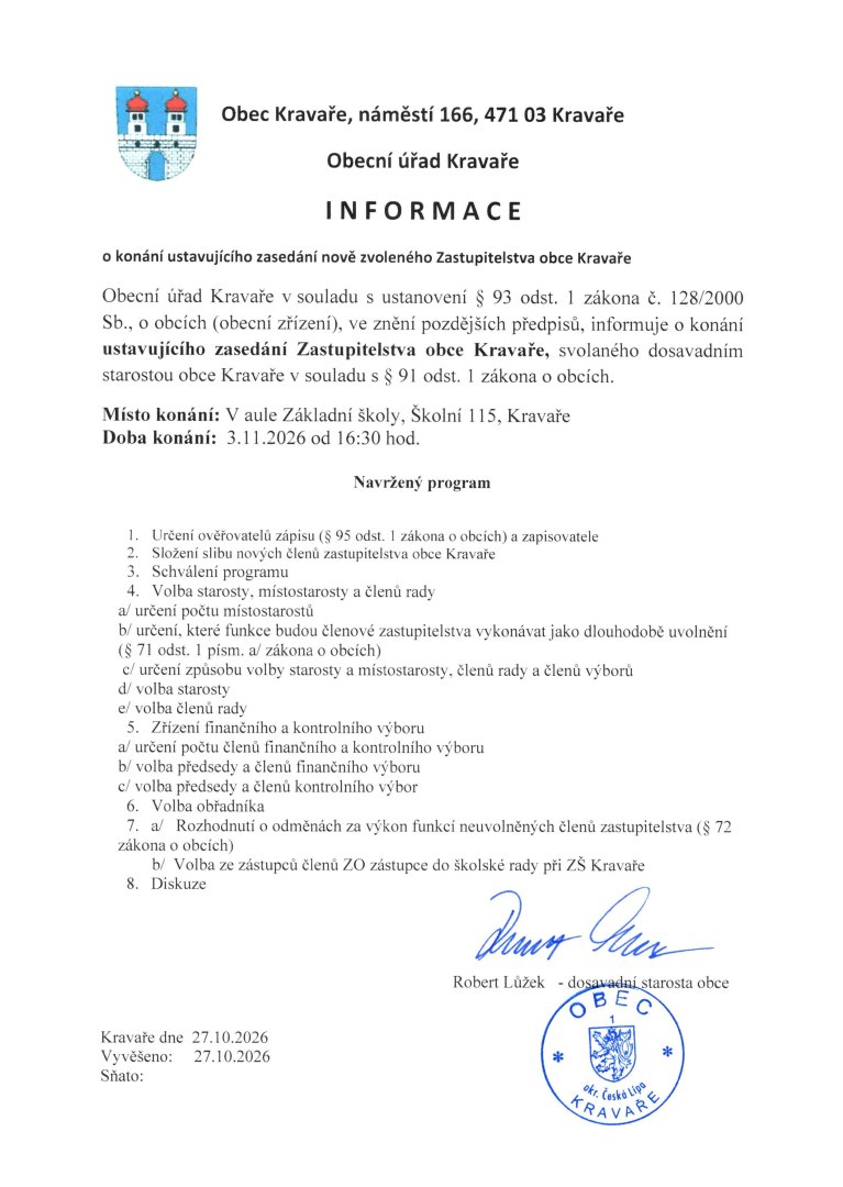 Informace o konání ustavujícího zasedání nově zvoleného Zastupitelstva obce Kravaře (1)